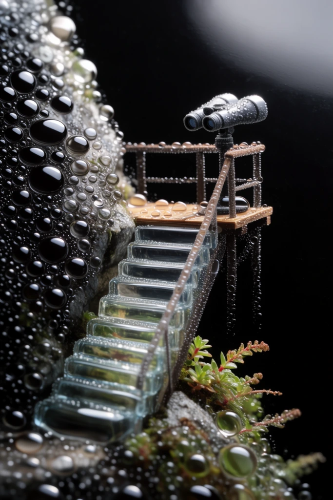A staircase of glass blocks scaling a steep rock face, with mountain plants visible beneath the translucent steps, leading to a small wooden platform where a pair of binoculars rests upon a railing, the entire scene meticulously rendered as a macro photograph of tightly clustered liquid droplets on a flat, glossy black surface. The architectural details, organic plant forms, and precise shape of the binoculars are constructed solely through the pointillist arrangement of perfectly spherical, monochromatic water beads of varying diameters. High-contrast, dramatic overhead lighting creates intense, brilliant white specular highlights on the upper curve of each liquid sphere, lending immense three-dimensional volume and a wet, slick texture to the composition. The extreme close-up perspective employs a shallow depth of field, keeping the central staircase, platform, and binoculars in sharp, crystalline focus, while the droplets forming the peripheral rock face softly blur into glowing, out-of-focus orbs fading into the deep, pitch-black background.