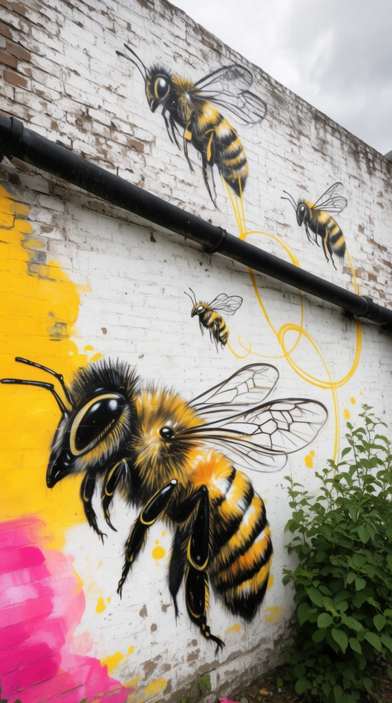 A realistic graffiti mural of oversized bees on a weathered white brick wall. A giant, meticulously shaded bee dominates the lower left, while smaller bees soar upwards, their flight paths traced by looping yellow painted lines. A thick black drainpipe cuts diagonally across the textured masonry. Bright yellow and pink abstract paint colors the left edge, with a green leafy plant on the lower right under overcast skies.