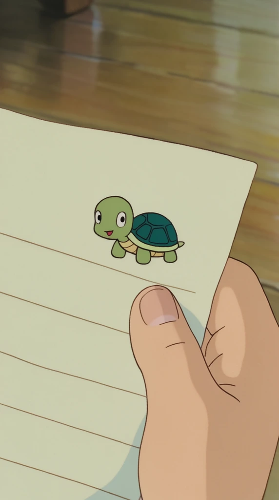 close up of a human hand holding lined paper, simple childlike ink doodle of a tiny cartoon turtle, traditional 2D cel animation style, muted pastel color palette, blurred wooden floor background