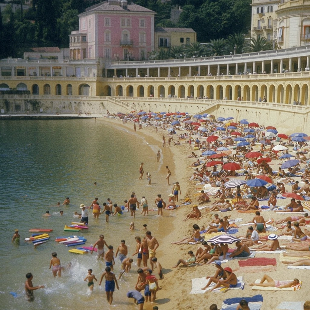 A densely populated sandy beach curves into a calm, greenish-blue bay beneath an elegant, multi-tiered promenade. Dozens of people wade, swim, and splash in the shallow foreground water among colorful floatation boards. The wide crescent of tan sand is tightly packed with sunbathers on vibrant towels and clusters of red, blue, and striped umbrellas. Behind the sand, a sweeping pale-yellow stone structure forms a curved retaining wall with an upper terrace lined by a long arched colonnade. Coastal buildings, including a prominent pastel pink structure, and lush green hillside trees rise above the architecture. The composition features a vintage film aesthetic with a slightly grainy texture, saturated yet faded colors reminiscent of mid-century photography, captured from an elevated, wide-angle perspective in bright daylight.