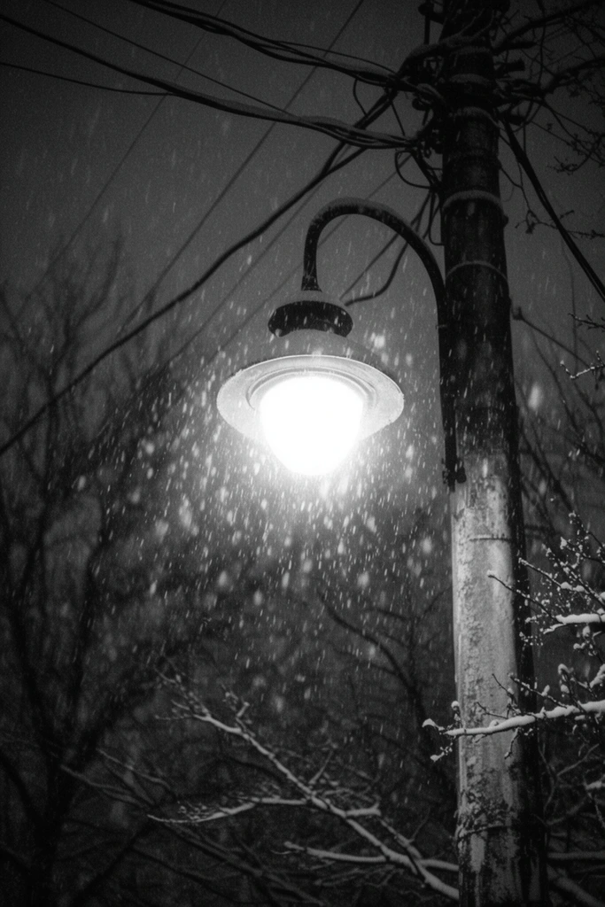 An intensely glowing vintage streetlamp pierces the darkness of a heavy nighttime snowstorm in this high-contrast black and white photograph. The radiant light illuminates sharp streaks of falling snow. The curved metal lamp fixture attaches to a weathered utility pole tangled with thick overhead wires. Silhouetted bare tree branches frame the foreground and blurred background. Deep shadows, stark white highlights, and heavy film grain define the moody, atmospheric composition.