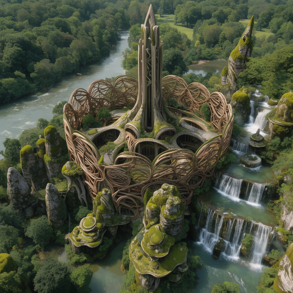 aerial view of organic fantasy architecture, lush green landscape, winding river, interwoven wood and stone structures, central vertical spire, circular woven enclosure, cascading terraced waterfalls, mossy rock formations, dense forest, detailed 3D rendering, natural daylight, earthy tones