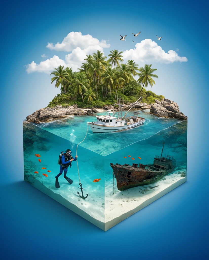 3D isometric cutaway of a tropical island cube floating in a bright blue gradient void, top surface featuring rocky shores, green palm trees, a white fishing boat, flying birds and fluffy clouds, transparent underwater section showing clear turquoise water, a scuba diver holding an anchor rope, small orange striped fish, a rusted sunken shipwreck on white sand, surreal miniature diorama, photorealistic composite, vibrant colors