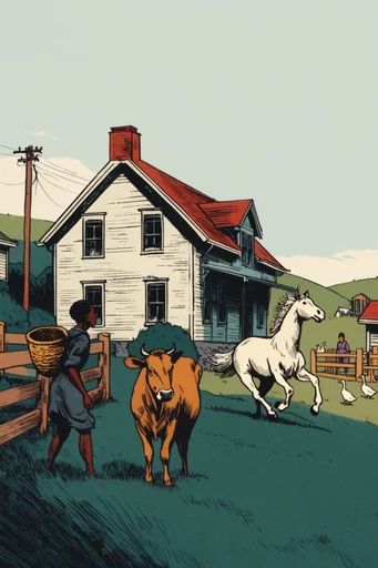 Vintage Narrative Illustration style reference image — screen-print texture