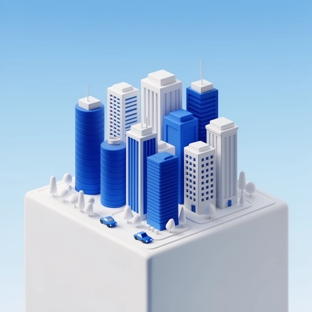 isometric 3D render of a miniature geometric city on a solid white cube, clean low-poly architecture, rectangular and cylindrical skyscrapers, crisp royal blue and pure white color palette, simplified white trees, tiny blue car on minimal streets, smooth light blue gradient background, soft ambient lighting, matte plastic textures, pristine minimalist aesthetic