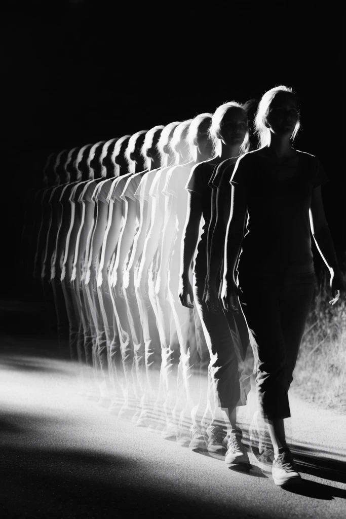 Two women walking down a road rendered in a high-contrast, black-and-white stroboscopic chronophotograph. Their forward trajectory is captured through a dense sequence of overlapping, progressively translucent multiple exposures that trail behind the fully opaque, sharply focused leading figures. Stark, intermittent flash lighting freezes distinct intervals of their strides, isolating their bright, sharply illuminated forms against a solid pitch-black background. Crisp white highlights catch the edges of their figures and clothing, creating intense chiaroscuro against the deep ambient shadows. The rhythmic progression of their sequential silhouettes leaves a ghostly, fading motion trail along the surface of the road, locking the continuous kinetic progression of their walk into a single, starkly lit frame.