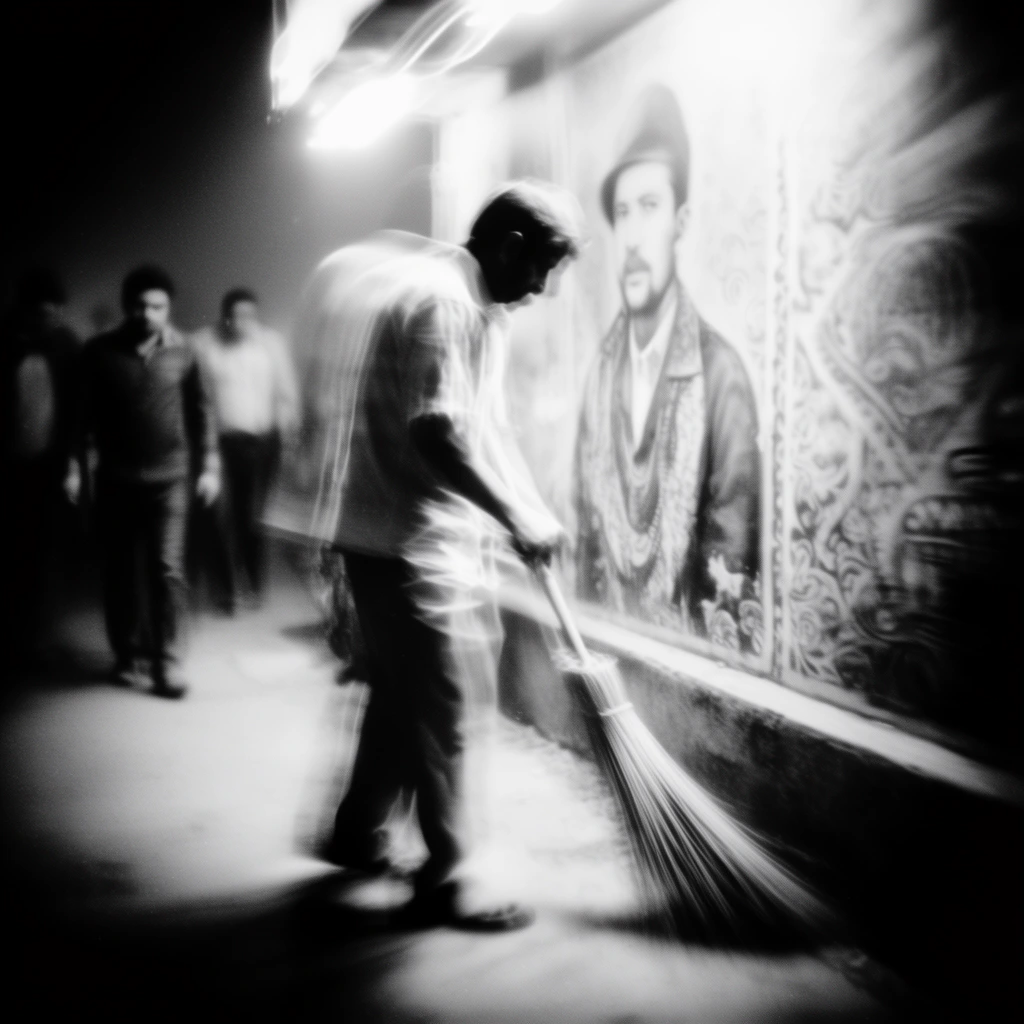 A man sweeping a sidewalk is captured in high-contrast monochrome photography characterized by extreme motion blur and a spectral, lo-fi aesthetic. The central figure is heavily smeared into a ghostly, semi-translucent form, his sweeping motion creating long, fluid streaks of bright white highlights that bleed into deep, crushed black shadows. Next to him, a painted wall displaying a portrait and intricate patterns is rendered with a soft, ethereal focus, its details warped by a swirling lens distortion and heavy grain reminiscent of a vintage toy camera. In the distant, heavily vignetted background, several men walking appear as dark, transient silhouettes dissolving into the atmospheric darkness. An intensely overexposed overhead light source washes over the scene, casting dramatic, streaking light trails across the sweeping man and patterned wall while the extreme edges of the composition plunge into an abyssal, untextured blackness.