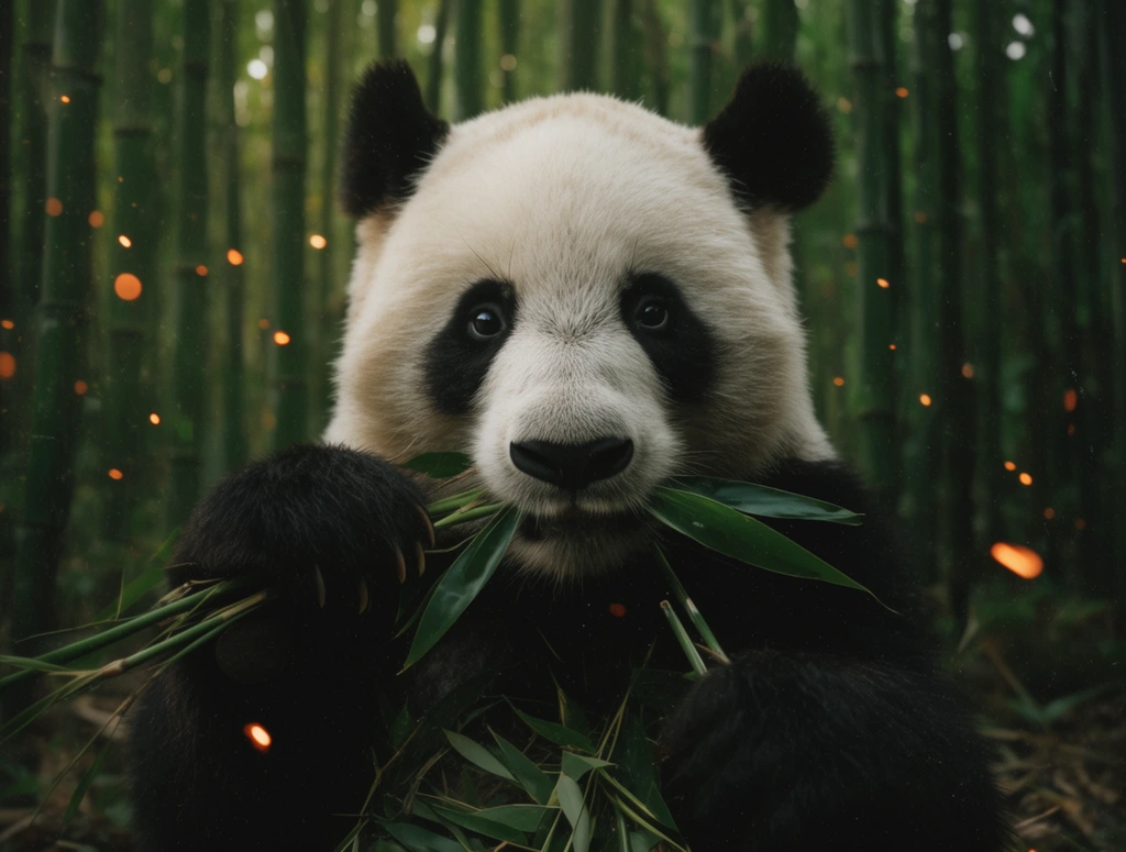 giant panda eating bamboo leaves, holding green stems in dark furry paws, striking black and white fur, dense bamboo forest environment, blurred vertical green stalks, ethereal floating orange glowing embers, moody cinematic lighting, film grain texture, shallow depth of field, dramatic wildlife portrait