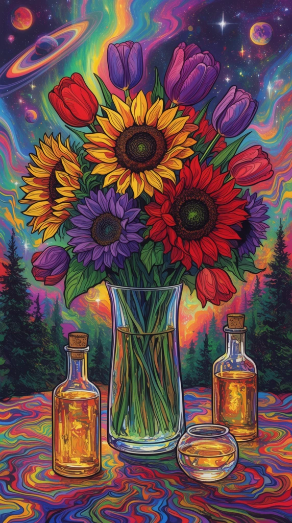 A vibrant psychedelic still life featuring a tall glass vase overflowing with bold sunflowers and tulips in saturated reds, yellows, and purples. The vase rests on a surface of swirling, multi-colored hallucinogenic patterns, flanked by two corked bottles of golden liquid and a small round glass bowl. Dark evergreen silhouettes frame a surreal cosmic backdrop filled with fluid glowing auroras, ringed planets, and bright stars. The highly detailed visionary illustration utilizes thick flowing linework and intense color contrasts.