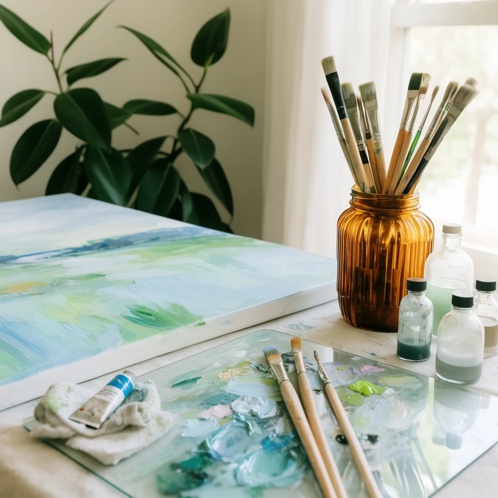 Bright artist workspace, in-progress abstract landscape painting with sweeping pastel blue and green strokes on a flat canvas, clear glass palette smeared with wet oil paint, long wooden paintbrushes resting on the glass, amber fluted glass jar filled with brushes, clear glass bottles of liquid mediums, crumpled paint tube on a rag, dark green rubber plant leaves, soft natural daylight, shallow depth of field, airy lifestyle photography