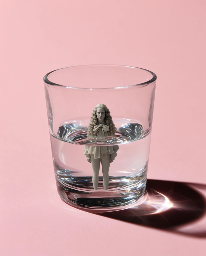 A miniature figure with long curled hair and a large bow at its neck is positioned inside a clear glass tumbler half-filled with water, set against a solid, seamless pastel pink backdrop. The surreal, photorealistic composite centers the glass in the frame, applying a miniature-scale aesthetic to the main subject. Hard, directional studio lighting from the upper left casts a distinct, sharp-edged curved shadow of the glass onto the pink surface to the bottom right, complete with brilliant caustic light refractions pooling within the dark shadow. The water level bisects the figure, creating severe optical distortion and optical magnification of the submerged portions through the curved glass walls. Crisp, bright specular highlights follow the rim and contoured sides of the thick tumbler, contrasting with the flat, minimalist, monochromatic pink environment to create a striking pop-surrealist visual.