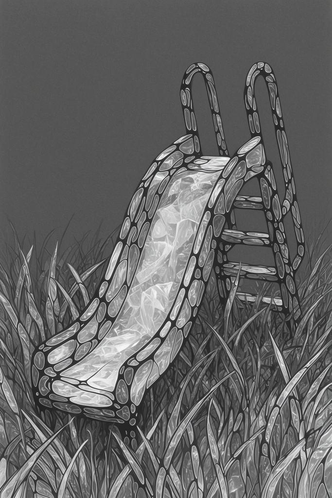 A playground slide situated in a field of tall grass, rendered in a highly detailed, monochromatic grayscale illustration style defined by a bio-organic, crystalline membrane aesthetic. The curved chute and structural ladder of the slide, along with the surrounding sweeping stalks of grass, are entirely composed of thick, bold, undulating dark lines that intersect to form intricate, asymmetrical cellular networks reminiscent of dragonfly wings or leaded stained glass. Within these dark structural borders, the surfaces exhibit a translucent, crinkled cellophane or fractured ice texture, featuring high-contrast, stark white internal highlights that create a glossy, three-dimensional illusion of semi-transparent volume. These meticulously veined, glass-like botanical and architectural forms contrast sharply against a stark, minimalist, medium-dark gray background characterized by a flat, uniform matte finish with a very fine, subtle grain.