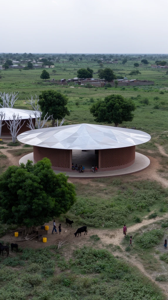 An elevated wide-angle view captures a circular modern architectural pavilion in a sprawling rural landscape. The main structure features a broad, faceted metallic roof overhanging curved walls of reddish-brown perforated brick, resting on a flat circular platform where small figures gather in the shade. A secondary matching structure sits to the left amidst trees with stark white trunks. The foreground consists of patchy green scrub and dirt paths where dark livestock graze and people walk near large leafy trees and yellow water containers. The background extends into a vast green plain dotted with village dwellings beneath a pale, diffused overcast sky. The composition highlights the stark contrast between the sleek, geometric architectural design and the organic, earthy textures of the rural setting.