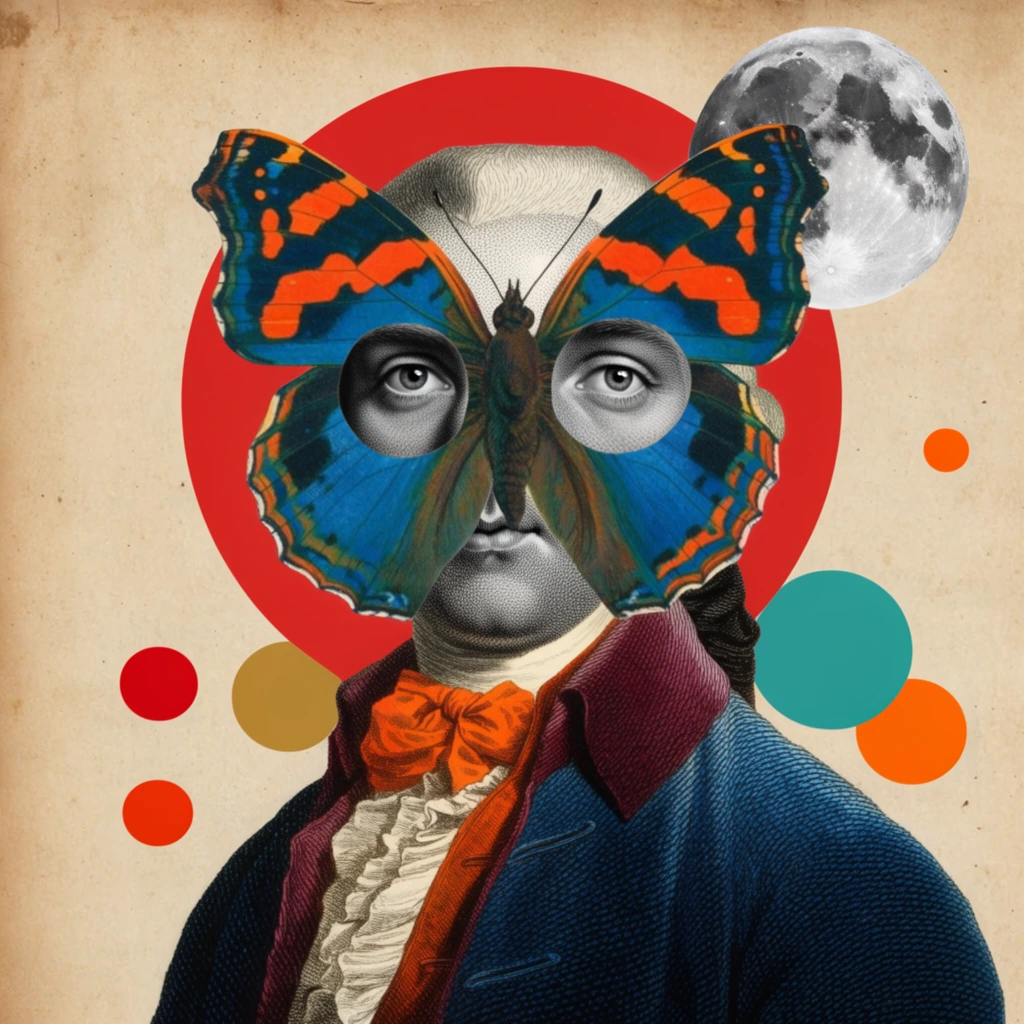 A surreal vintage collage portrait of a man in 18th-century attire whose upper face is concealed by a massive blue and orange butterfly acting as a mask. The butterfly features perfect circular cutouts revealing the man's realistic, greyscale eyes staring directly forward. He wears a textured dark blue coat with maroon lapels, a ruffled white shirt, and a vibrant orange cravat. A solid red circle rests behind his head like a geometric halo. The background is aged, textured parchment. A detailed greyscale moon floats in the upper right corner alongside flat, brightly colored circular dots in red, gold, teal, and orange scattered asymmetrically around the figure. The visual style blends classical stipple engraving techniques with bold graphic design, contrasting meticulously shaded greyscale human features with vivid, saturated flat colors.
