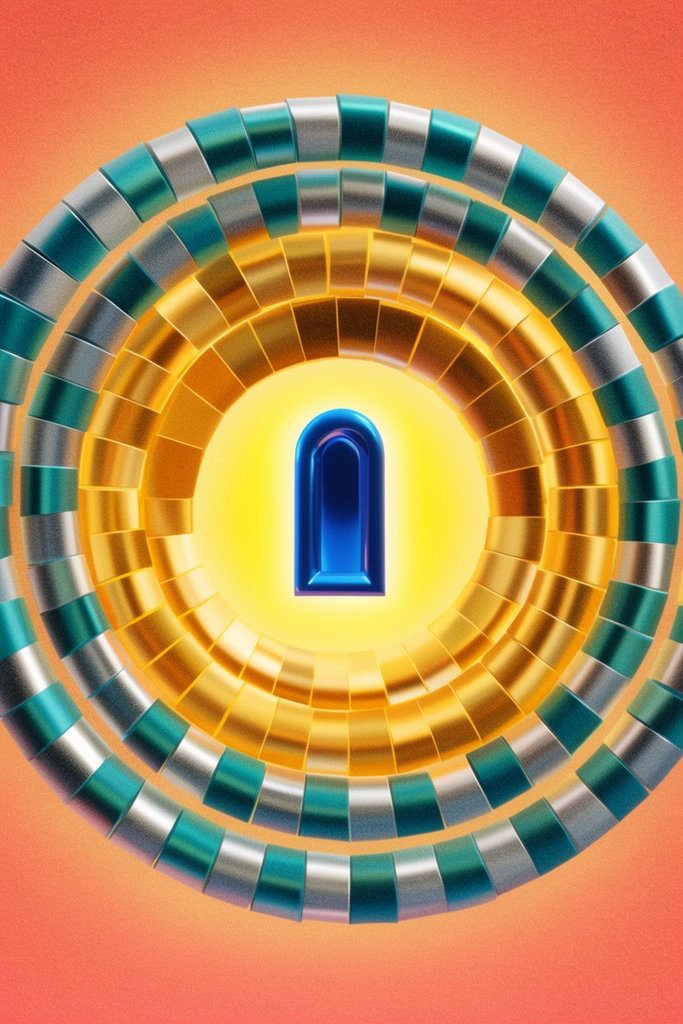 abstract 3D illustration of concentric segmented spirals, outer ring of teal and silver blocks, inner ring of golden blocks, glowing central core, glossy blue arched doorway floating in bright yellow light, heavy grainy noise texture, warm coral gradient background, retro-futuristic surreal aesthetic