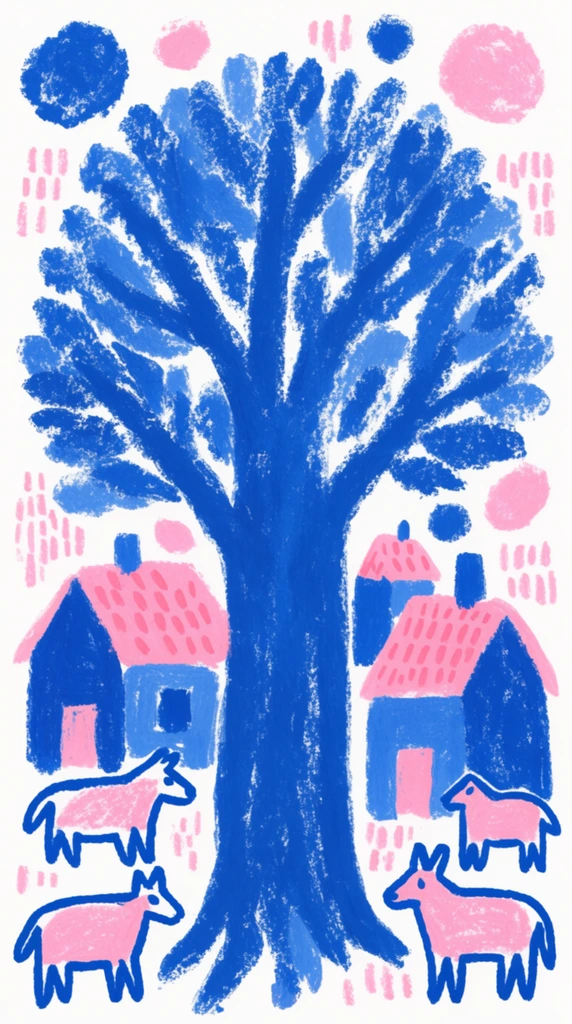 A giant tree towers in the center, its thick cobalt blue trunk and sprawling foliage formed from rough, waxy crayon-like strokes. Clustered around the base of the giant tree are simplified houses featuring solid cobalt blue walls and vibrant bubblegum pink roofs decorated with short, dashed pink lines. Naive, flatly drawn animals in thick cobalt blue outlines and textured pink fill stand beside the houses and among the tree roots. The composition is entirely flat and two-dimensional, strictly utilizing a duotone palette of cobalt blue and bubblegum pink against a stark white background. The rendering technique mimics primitive oil pastel or wax crayon art, characterized by porous, highly textured strokes where the white paper grain shows strongly through the color patches. Floating in the white space around the tree canopy are abstract, rough-edged circles filled with solid blue or pink, alongside decorative patches of vertical pink dashed lines, completing the expressive, flatly colored folk-art illustration style.