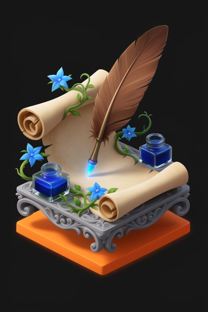 Isometric 3D unrolled parchment scroll, large brown feather quill with glowing blue tip, square glass inkwells containing vibrant blue liquid, floating grey filigree platform above an orange base, intertwining green vines, bright blue star-shaped flowers, black background, smooth digital rendering