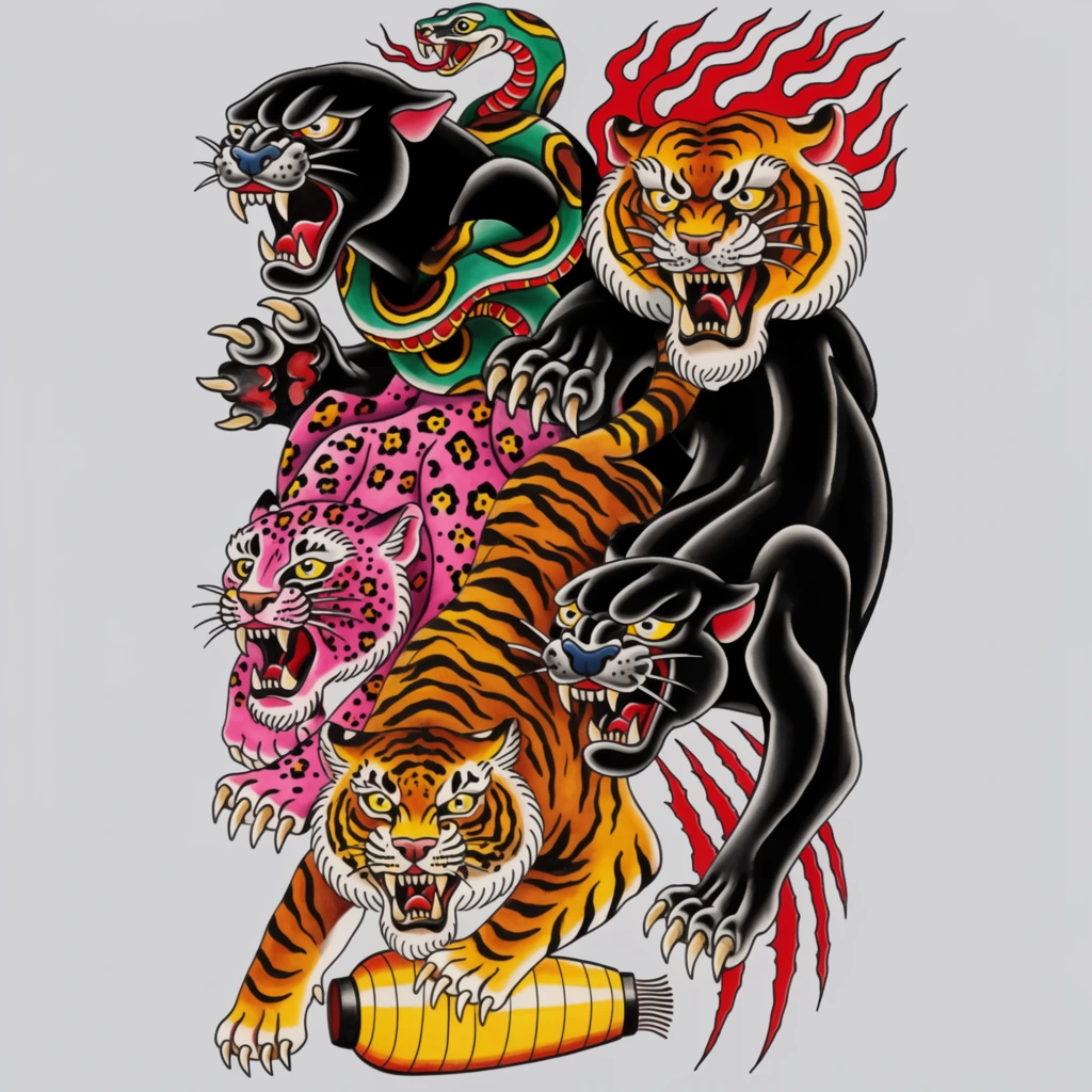A dense vertical collage of stylized big cats illustrated in a traditional tattoo flash art style against a solid light gray background. The overlapping composition features snarling black panthers, fierce orange and yellow tigers, and a bright pink leopard, all bearing prominent fangs and extended claws. A vibrant green and yellow snake tightly coils around one black panther, while striking red flames erupt from the head of another. Red claw marks trail behind a descending panther on the right. At the base, a large tiger grips an elongated yellow paper lantern. The 2D artwork is defined by thick black outlines, bold solid color fills, and dynamic, exaggerated postures with high-contrast shading.