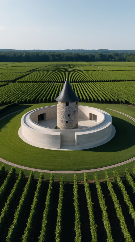 elevated view of a circular modern structure enclosing a rustic stone tower with a dark conical roof, surrounded by vast green vineyards, smooth curved stone walls, manicured semicircular lawns, precise linear grapevine rows, long shadows, distant forest horizon, pale blue sky, architectural landscape photography