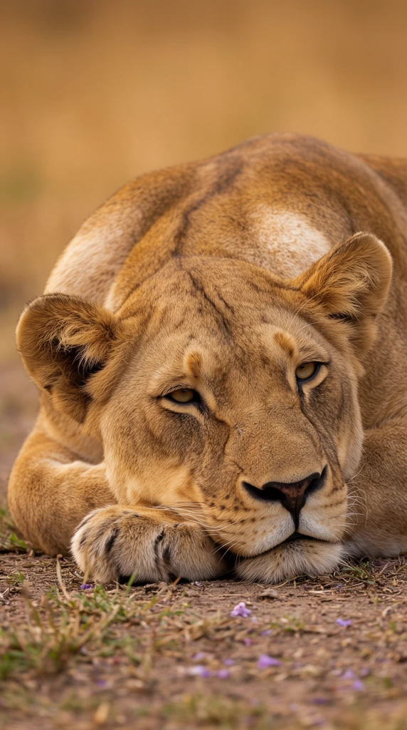 A close-up wildlife portrait of a resting lioness lying flat on the earth with her head nestled heavily on her front paws. The lioness features a textured tawny coat, rounded ears, a black-tipped nose, white whiskers, and golden eyes gazing forward with a calm, drowsy expression. She rests on dry, dusty soil speckled with sparse green and brown grass and tiny purple flower fragments. Captured with a telephoto lens from a low, eye-level angle, the composition uses a shallow depth of field to melt the background into a smooth, warm ochre bokeh. Soft, natural sunlight illuminates the rich details of her fur, creating an intimate perspective of the resting predator.