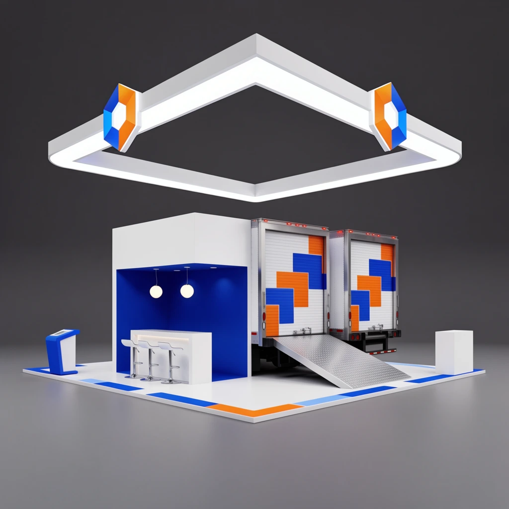 A sleek 3D architectural rendering of a commercial exhibition booth set against a seamless dark gray void. A massive square white lighting halo, accented by a blue and orange faceted hexagonal emblem, hangs suspended above the main structure. The central booth features a white canopy over a vibrant royal blue alcove containing a white counter, three chrome bar stools, and two spherical pendant lights. Adjoining the right side is a facade of two semi-truck trailers backed up to a silver diamond-plate loading dock, their roll-up doors patterned with interlocking blue and orange right-angled blocks. A freestanding blue and white kiosk stands to the far left, and a minimalist rectangular pedestal to the right. The entire installation rests on a crisp white square floor mat with geometric blue and orange border accents, illuminated by even studio lighting that highlights the smooth matte surfaces and precise architectural lines.
