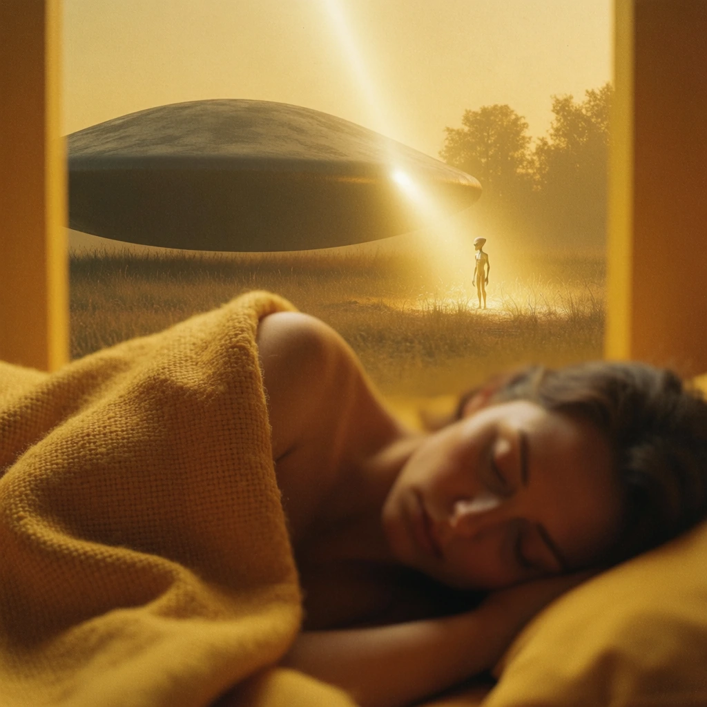 cinematic soft-focus, warm mustard and golden-amber color palette, organic film grain, diffused indoor lighting, a woman asleep under a heavy textured blanket in the foreground, shallow depth of field, through a large window a matte saucer hovers over a field and tree silhouettes, a concentrated brilliant warm beam of light illuminating a single alien standing in the grass, ethereal hazy atmosphere, low-contrast shadows, vintage analog aesthetic, intimate and serene mood