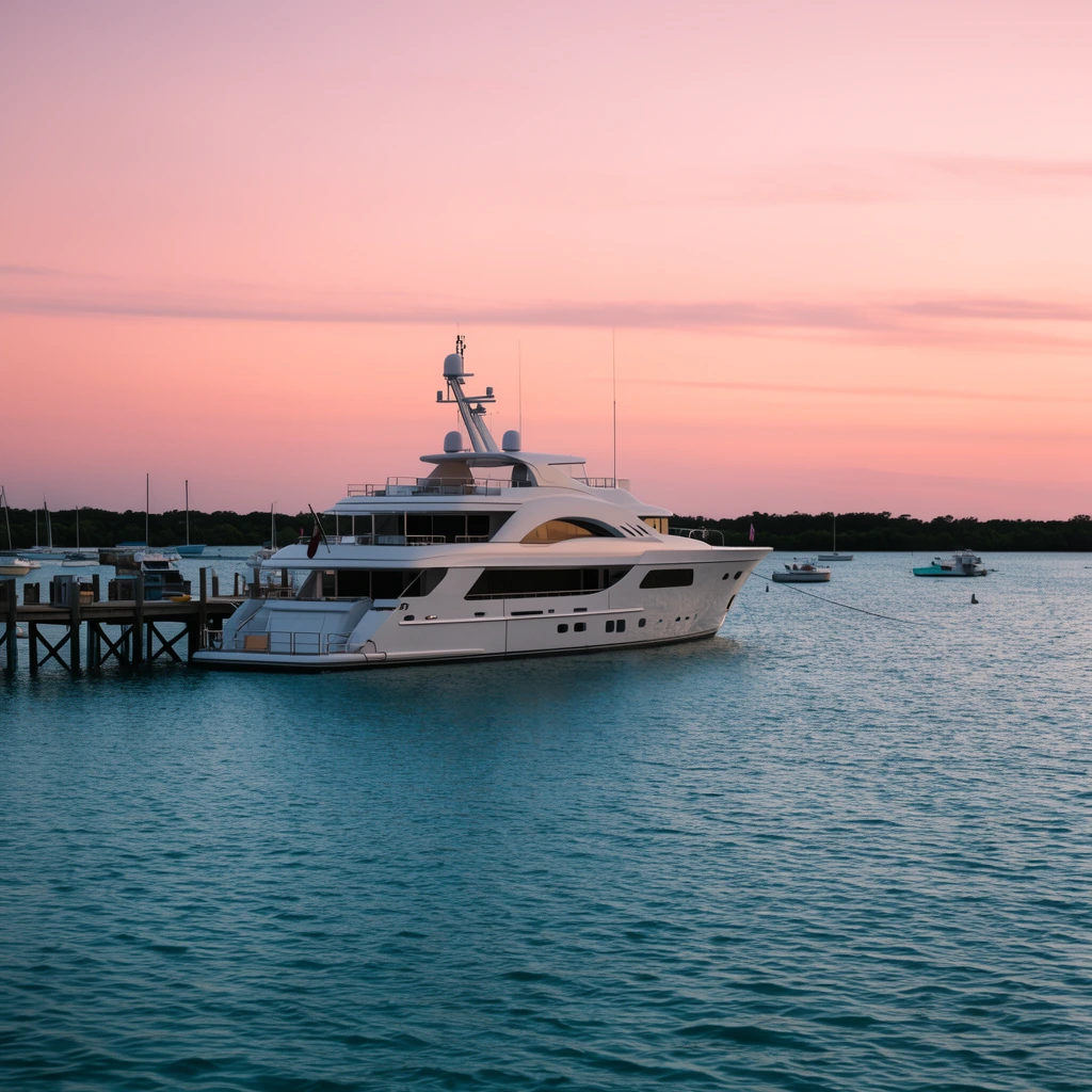 luxury yacht docked at a wooden pier, calm blue-green harbor water, gentle ripples, pastel pink and peach sunset sky, distant silhouetted tree line, scattered small boats, soft twilight lighting, serene landscape photography