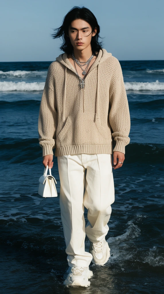 young man with long black hair walking through dark blue ocean waves, wearing a beige knit hoodie, off-white trousers, chunky sneakers, holding a small white handbag, silver necklaces, bright natural sunlight, fashion editorial photography