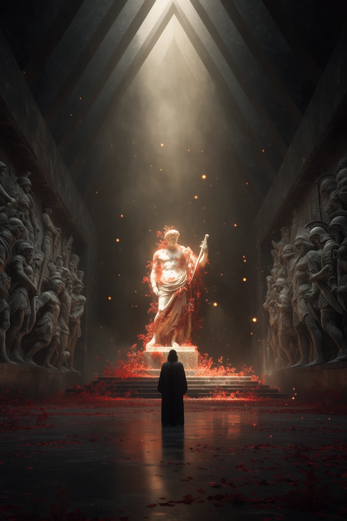 lone figure in a dark robe standing in a monumental temple, facing a brilliantly illuminated classical marble statue covered in crawling red flora, symmetrical composition, flanked by massive dark stone walls featuring intricate classical bas-relief sculptures of warriors, dramatic volumetric lighting cascading from a triangular ceiling opening onto the central altar, dark reflective floor scattered with fallen crimson petals, glowing embers floating in hazy air, moody atmospheric lighting, epic scale, cinematic wide shot, dark fantasy architectural concept art