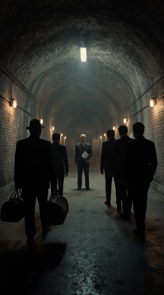 cinematic wide shot of five silhouetted men approaching a solitary figure in a dimly lit arched brick tunnel, foreground figures seen from behind in heavy shadow, leftmost man wearing a fedora and carrying two duffel bags, central older man in a tailored suit standing in the distance holding a document folder, symmetrical composition, receding perspective lines of warm industrial wall sconces, hazy atmosphere, damp concrete floor, neo-noir aesthetic, high contrast, muted cool tones with warm yellow practical lights, ultra-wide dramatic staging