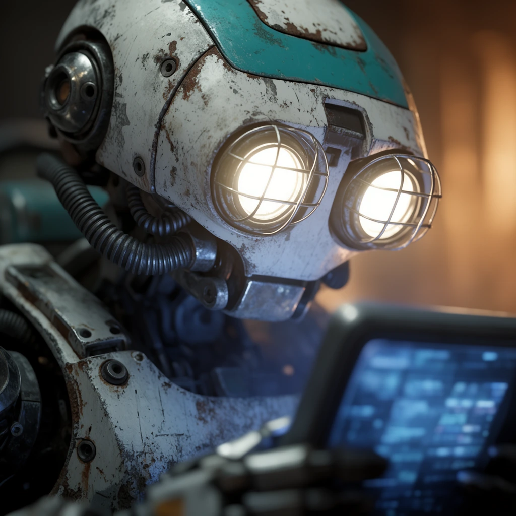close-up, highly detailed cinematic rendering, worn and rusted robot head, white and teal casing with scuffs, glowing bright dual circular eyes like headlamps with wire guards, corrugated tubing detail, metallic joints, shallow depth of field, looking down slightly at a blurry rectangular digital screen emitting blue light, soft warm amber background glow contrasting with cool blue foreground lighting, photorealistic textures