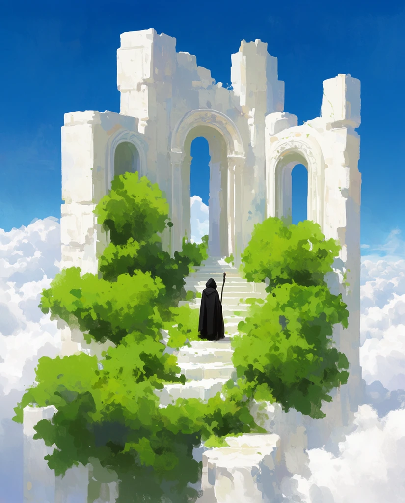 cloaked figure with staff on monumental white stone ruins, overgrown vibrant green bushes, towering above a sea of white clouds, arched doorways, bright blue sky, painterly digital art