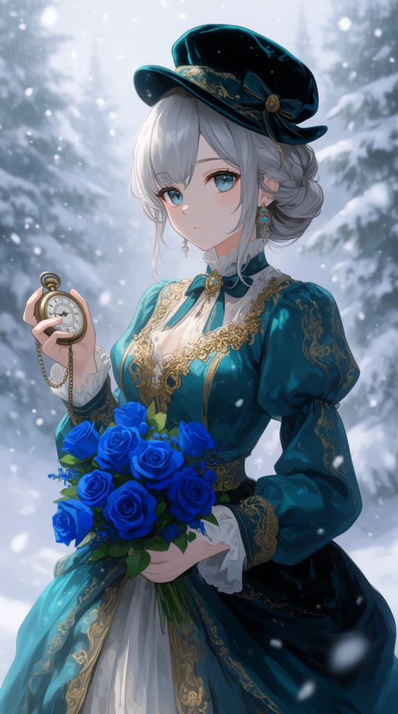 An anime-style woman with silver hair in an updo wears a teal and gold Victorian dress and velvet hat. She holds a brass pocket watch and cradles a bouquet of blue roses. Set in a snowy pine forest with softly falling blurred snowflakes, the illustration features ethereal lighting, a shallow depth of field, and a cool color palette.