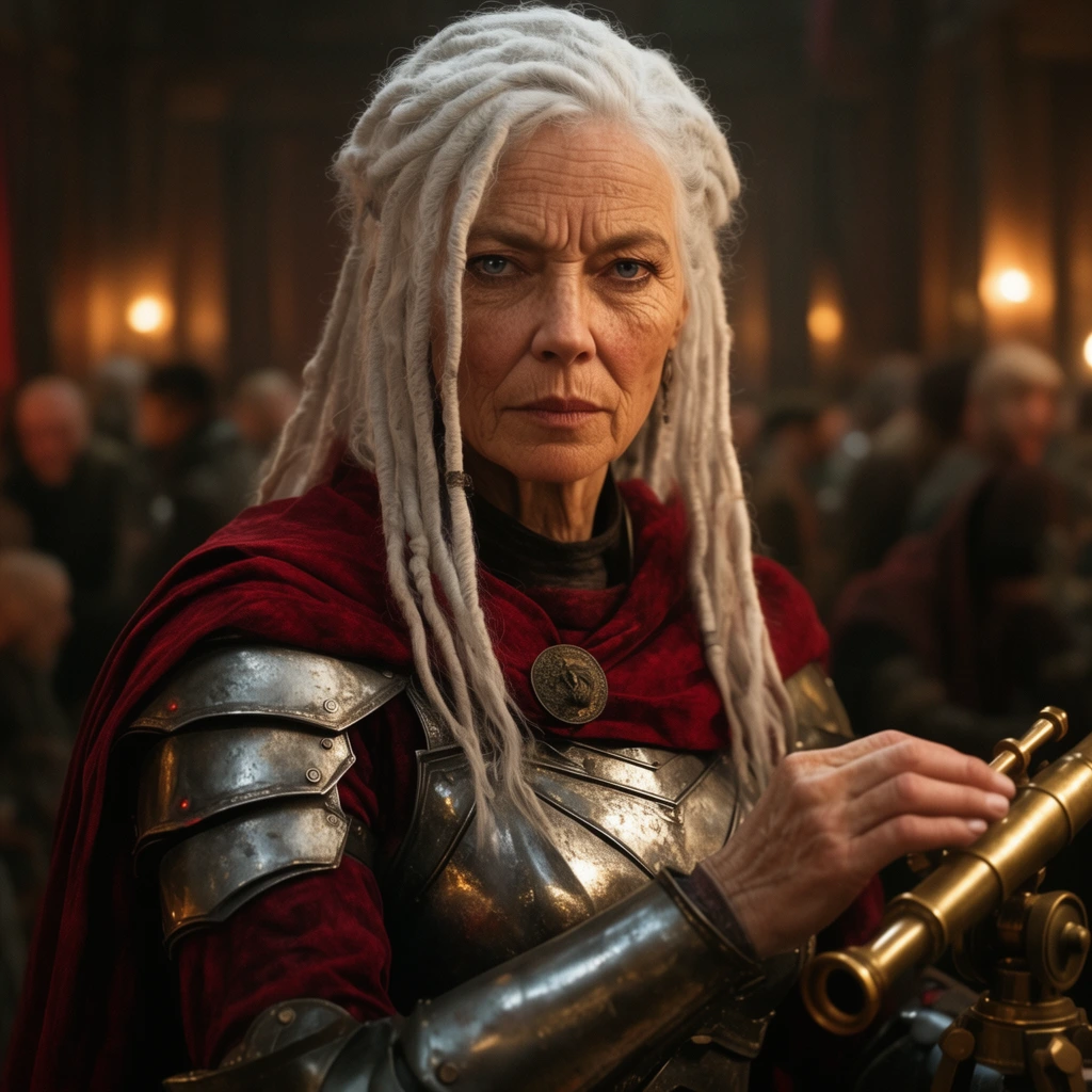 older female warrior, white dreadlocks, intense gaze, crimson cloak over steel armor, hand resting on a brass telescope, dimly lit crowded hall, blurred background, warm cinematic lighting