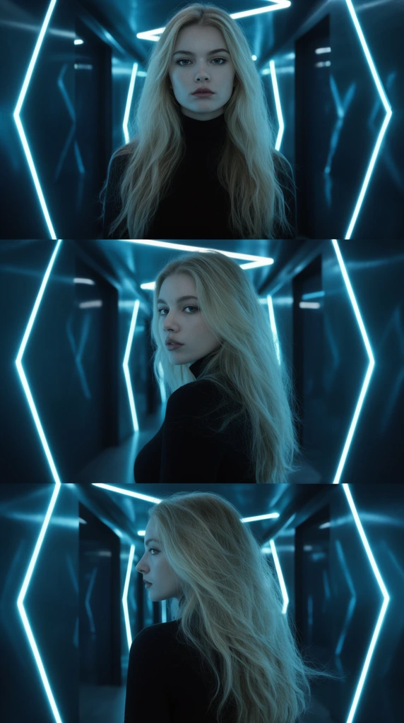 three-panel vertical triptych, young woman with long blonde hair in a dark futuristic corridor, wearing a black turtleneck, illuminated by glowing cyan geometric neon light strips, top panel frontal portrait, middle panel glancing back over her shoulder, bottom panel facing away in profile, high contrast cinematic lighting, cyberpunk aesthetic, cool blue monochromatic palette, sleek walls