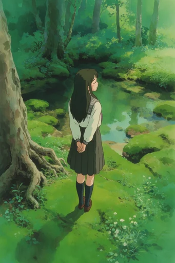 Nostalgic Ghibli Verdancy style reference image — high-angle master shot