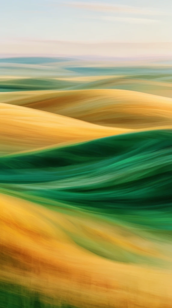 abstract landscape, horizontal motion blur, rolling hills rendered as sweeping color ribbons, vibrant emerald green and warm golden yellow, smooth painterly gradients, panoramic