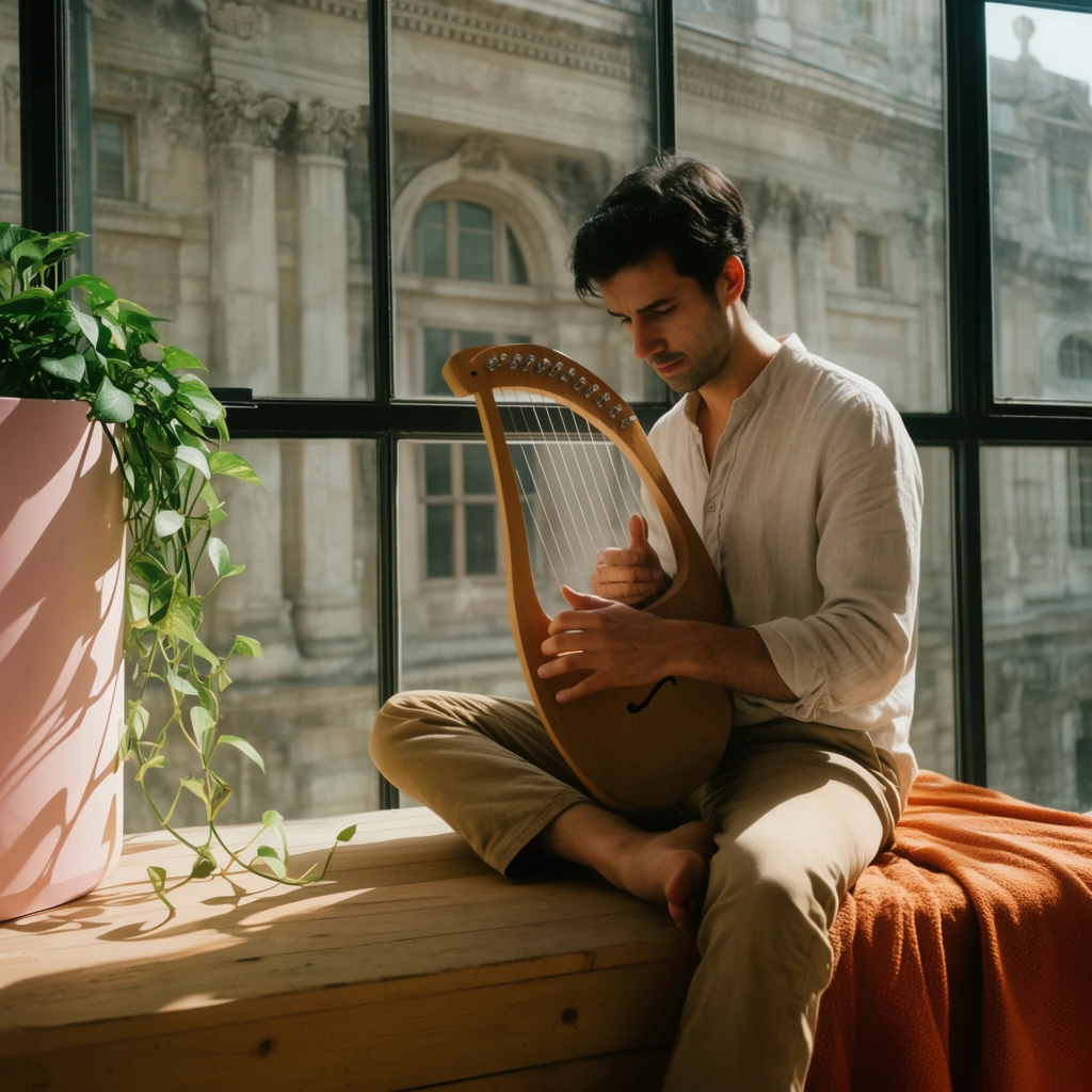 A dark-haired man in a light long-sleeved shirt and tan trousers sits cross-legged on a wooden platform, playing a small wooden lyre beside a large multi-paned window. Strong, directional sunlight streams from the left, illuminating his focused expression and casting sharp shadows from a trailing green vine in a pale pink planter onto the wood. An orange textured blanket drapes over the edge of the platform. Through the black-framed window, a grand classical stone building with ornate columns and arched windows softly blurs in the background. The candid lifestyle photography features a warm cinematic color palette, high contrast lighting, and a shallow depth of field.