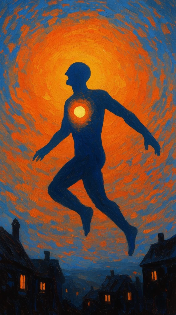giant leaping dark blue silhouette, glowing yellow sun embedded in chest, swirling orange and blue sky, dark village below with glowing windows, impasto painting, short textured brushstrokes