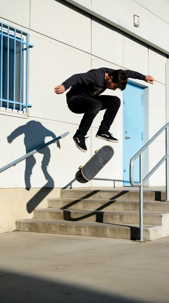 skateboarder frozen mid-air performing a flip trick over concrete stairs, crouched intently above a floating skateboard, dark long-sleeved shirt and black jeans, a sharp distinct shadow of the airborne skater and board cast prominently on the pale paneled building facade, light blue door, window with blue metal security bars, galvanized steel handrails, smooth concrete ground, bright direct daylight, high contrast action sports photography, fast shutter speed freezing dynamic motion