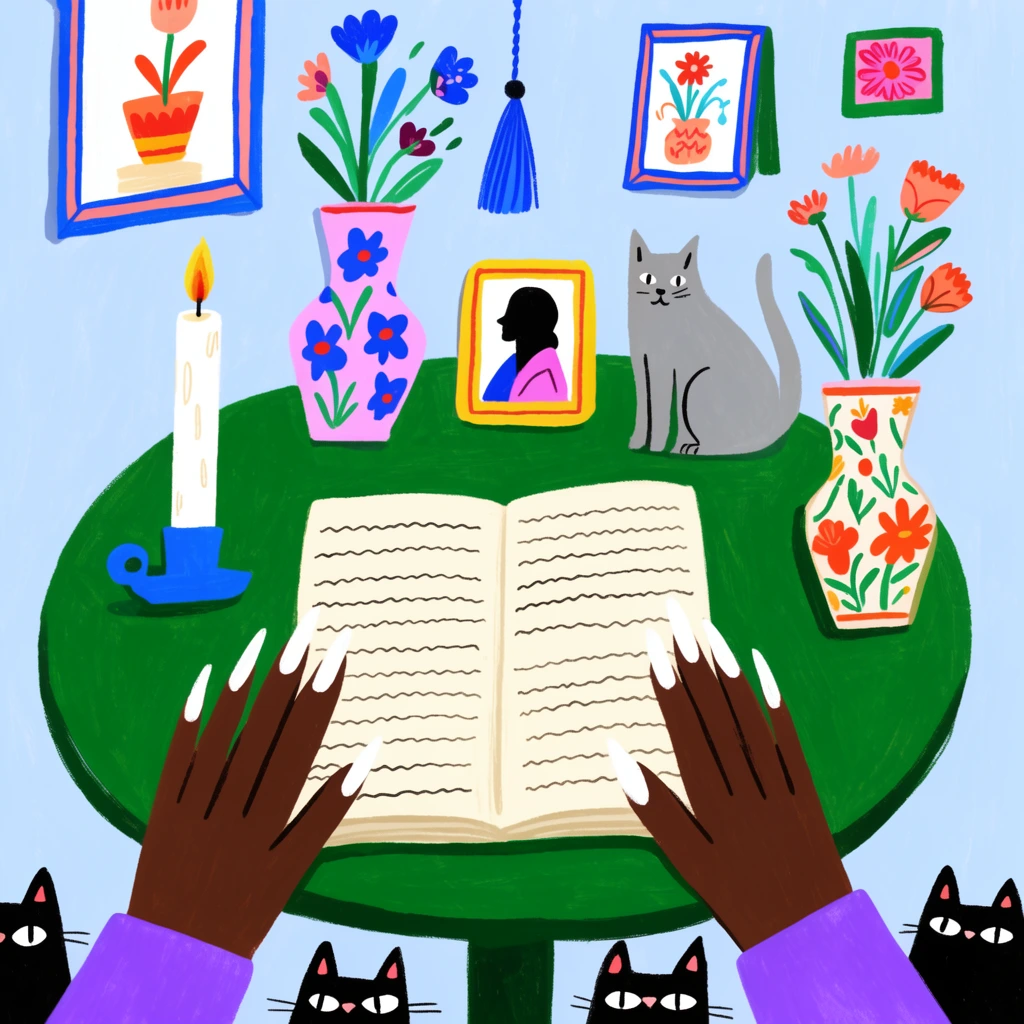 First-person view of dark hands with long white nails and purple sleeves holding an open journal on a round green table. This vibrant, flat illustration with textured brushstrokes features a lit candle, assorted framed pictures, stylized floral vases, a hanging blue tassel, and a grey cat. Two black cats peek from the bottom edge against a light blue backdrop.