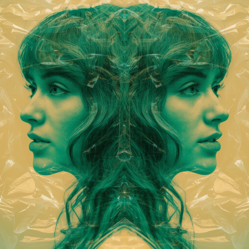 mirrored portrait of a woman facing inward in profile, wavy hair, crinkled plastic foil overlay, emerald and gold duotone, symmetrical composition, surreal double exposure