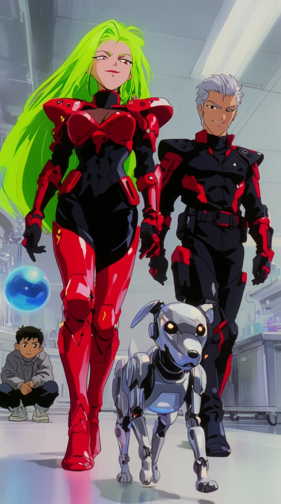 Two rogues sneaking through a bright sterile laboratory, woman with long neon green hair in red and black armor, man with silver hair in matching tactical suit, devious expressions, small silver robotic dog leading them, crouching boy in grey jacket hiding in background next to a floating blue orb, 90s anime style, cel-shaded, low angle perspective, vibrant neon and white palette