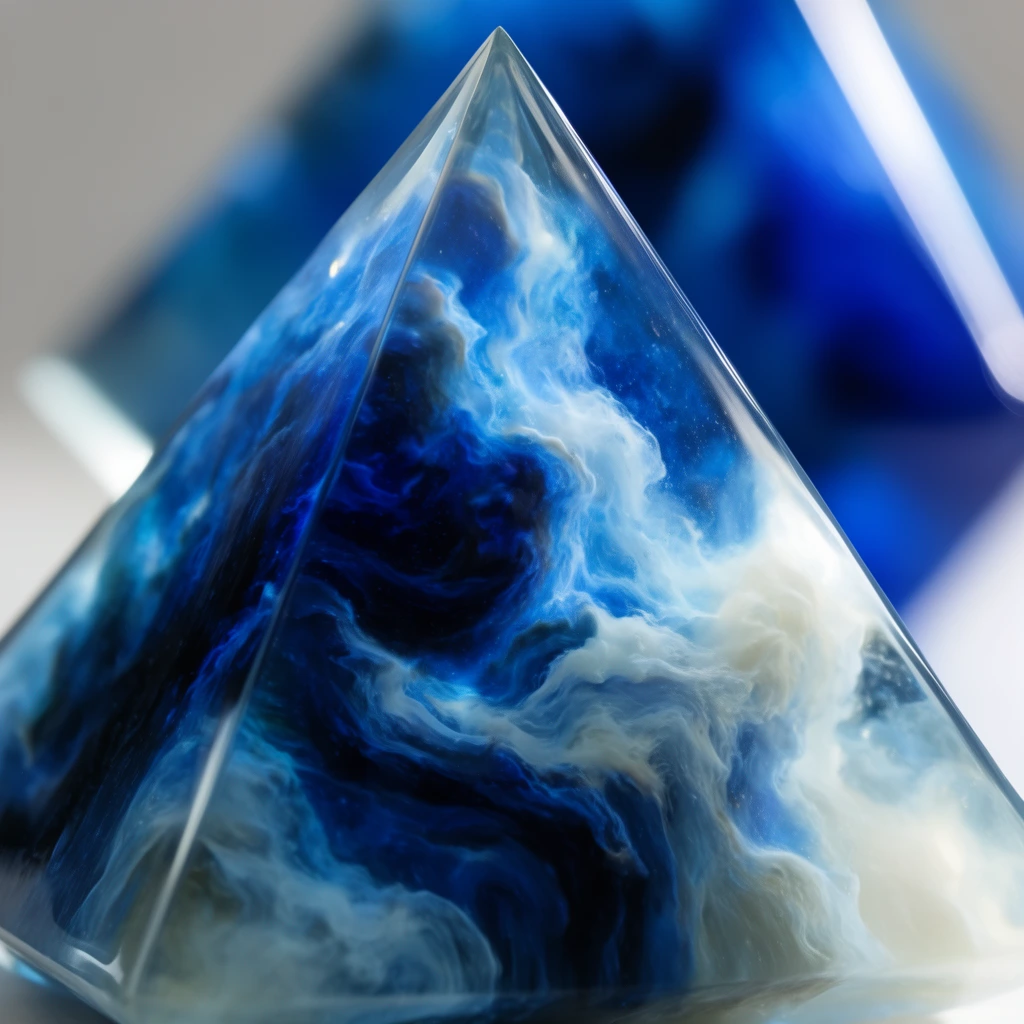 Macro photography of a sharp translucent triangular resin prism filled with swirling deep blue and milky white nebula patterns. The glossy surface reflects bright light against a softly blurred background holding another out-of-focus blue geometric shape.