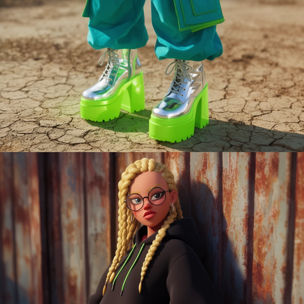 vertical diptych, top frame close-up of metallic silver and neon green platform boots with teal cargo pants on cracked dry earth, bottom frame stylized 3D female with long blonde braids, round glasses, black hoodie, leaning on rusty metal wall, cinematic lighting, vibrant color palette