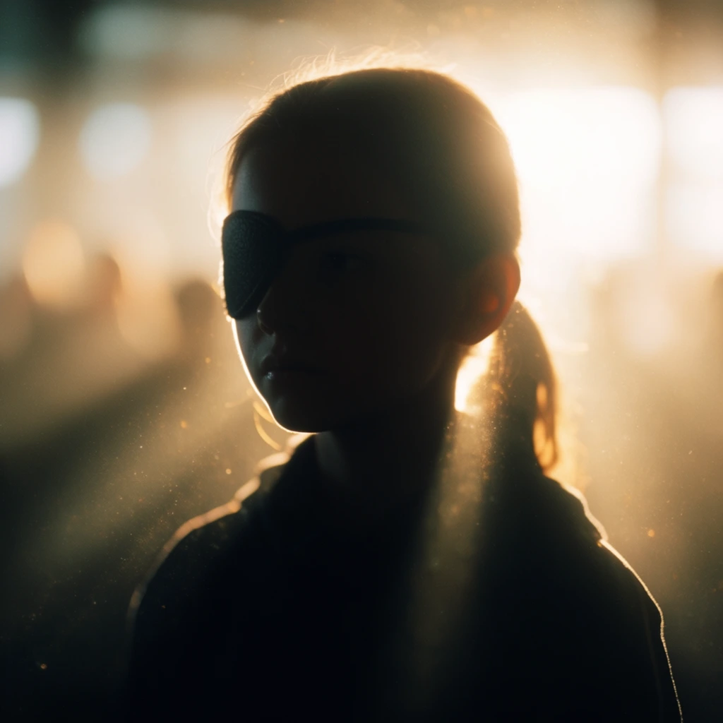 A girl wearing an eyepatch captured in a dramatic cinematic silhouette against an intensely bright, hazy background. The textured eyepatch and the contours of her face are defined entirely by a soft, golden rim light that traces her profile, while the front of her body and features plunge into deep, crushed black shadows. Thick volumetric light rays scatter through the air, wrapping around her form and highlighting suspended, glowing dust motes. The background is deliberately overexposed, dissolving into a luminous wash of warm amber, pale yellow, and soft white bokeh due to an extremely shallow depth of field. The stark lighting composition heavily contrasts the glowing, ethereal warmth of the extreme backlight against the cool, dark tones of the underexposed foreground. The aesthetic mimics high-end anamorphic film photography, characterized by smooth optical blur in the distance, razor-sharp focus along the illuminated edges of the subject, and a fine, subtle film grain visible within the densest areas of the black shadows.