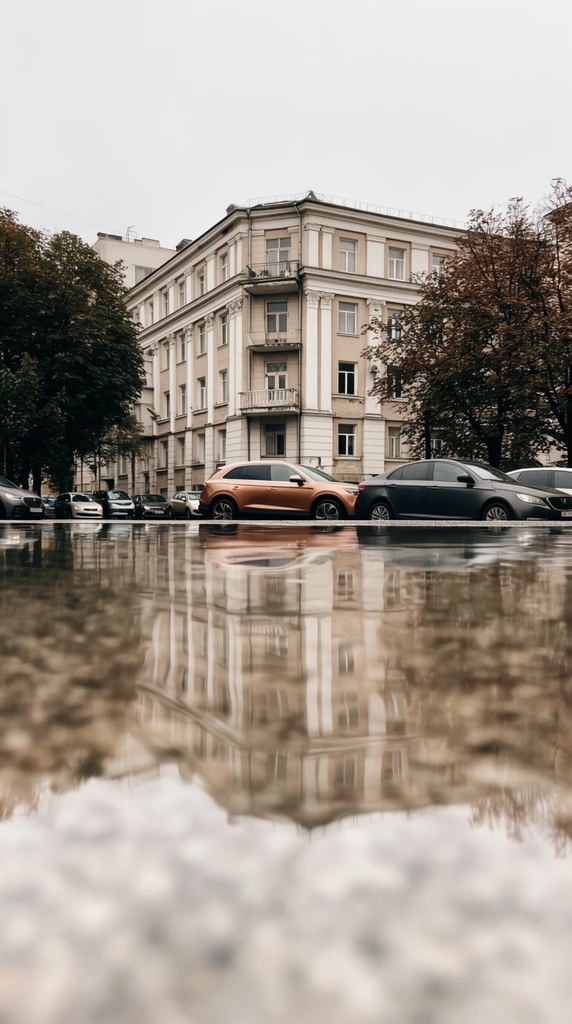 A ground-level perspective captures a vast reflective puddle dominating the foreground, mirroring a muted city street scene on an overcast day. The shallow water creates a slightly distorted, rippled reflection of a multi-story beige classical building detailed with white pilasters and small balconies. Parked along the curb are several vehicles, centered around a prominent copper-colored SUV and a dark grey sedan. Flanking the street are trees with dense dark green foliage and autumn-toned brown leaves. The diffused lighting casts a pale grey atmosphere over the urban environment, emphasizing the horizontal symmetry between the physical architecture above and its watery counterpart below. The immediate foreground features the softly blurred, textured surface of the wet pavement beneath the water.