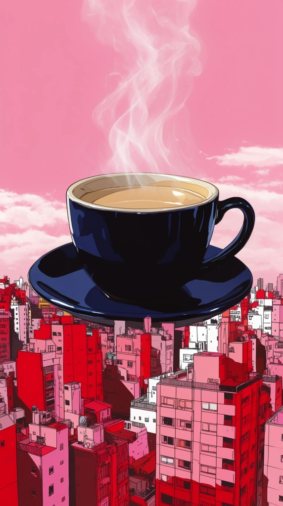 A massive, glossy dark navy blue coffee cup and matching saucer rest atop a dense urban skyline. The cup holds a creamy tan liquid, emitting twisting plumes of white steam that rise high into a solid bubblegum pink sky. Wispy white clouds drift horizontally behind the cup, separating the sky from the cityscape. The lower half features tightly clustered buildings rendered with stark black line art, heavy geometric shadows, and flat colors. The architecture is drenched in saturated crimson, pink, and white hues. The scene employs a retro cel-shaded illustration aesthetic with crisp outlines, contrasting the oversized, reflective realism of the ceramic cup against the flat, graphic depiction of the vibrant metropolis below.