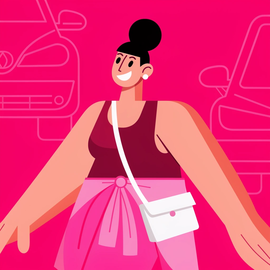 A flat vector illustration of a smiling woman walking against a vibrant magenta background with stylized car outlines. She wears a black bun, burgundy tank top, white crossbody bag, and pink waist-tied garment. The artwork uses bold geometric shapes, exaggerated proportions, and a bright monochromatic pink palette.