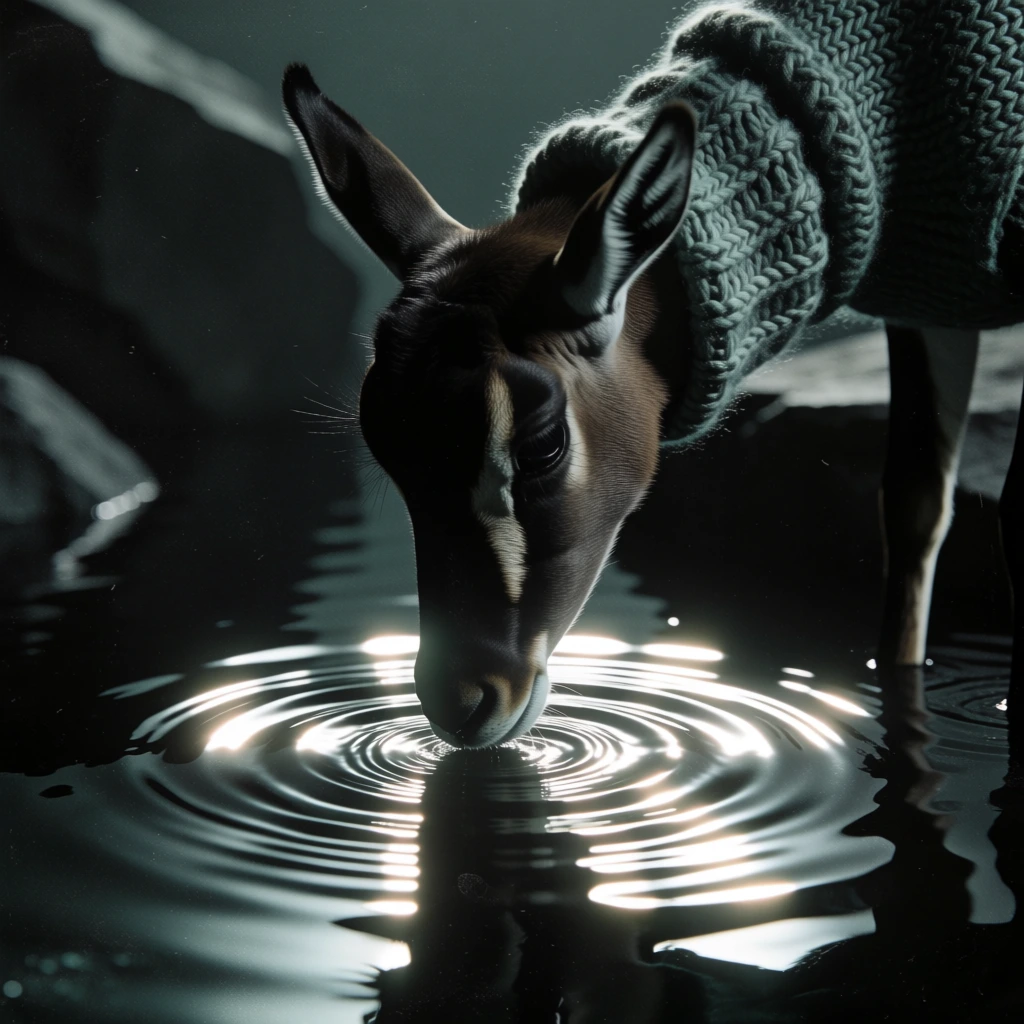 surreal gazelle-like creature wearing a chunky knit sweater, snout grazing a dark pool to form hypnotic concentric ripples, dramatic chiaroscuro lighting, brilliant white specular highlights, moody desaturated teal and charcoal color palette, heavy analog film grain, close-up composition framed by jagged dark volcanic rock, ethereal mysterious atmosphere, soft perimeter focus, sharp reflective glints on water surface, vintage 35mm film aesthetic, low-key cinematic mood